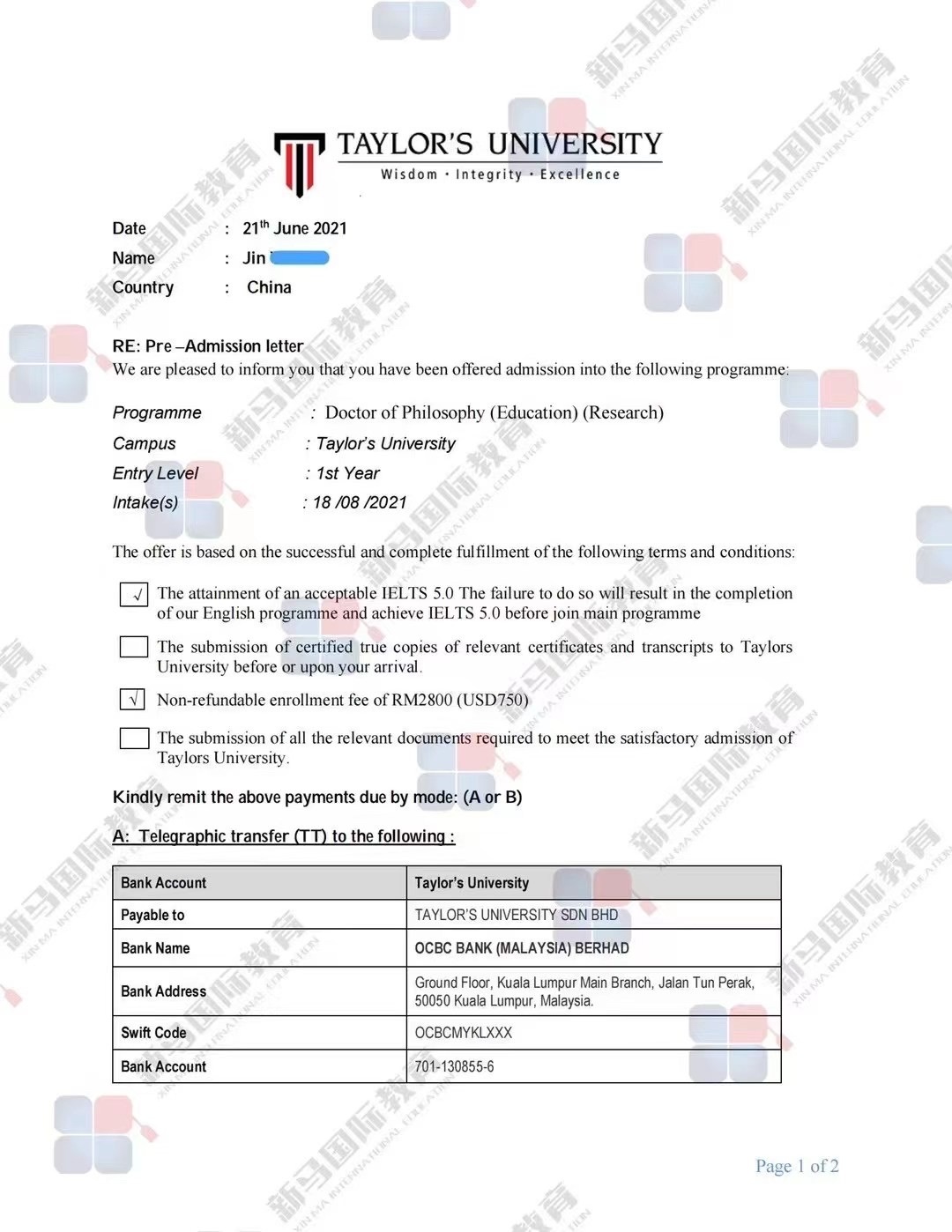 马来西亚留学-泰莱大学【教育学博士】offer成功案例！(图1)